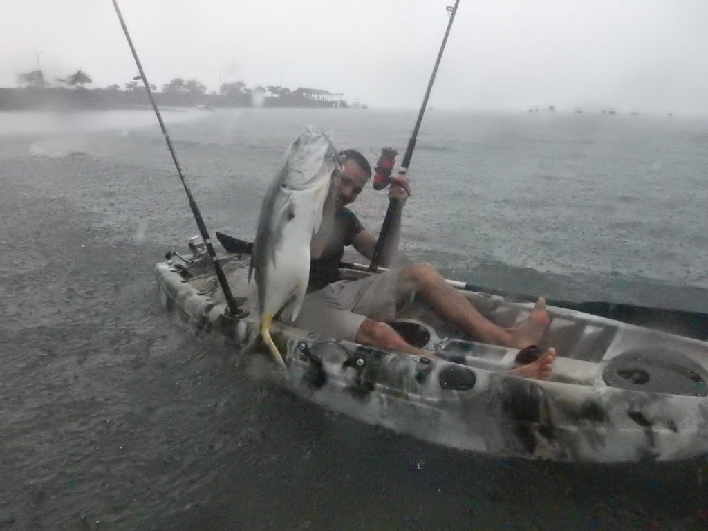 Sea Kayak fishing for a Big Jurel ( Jack Crevalle) Just in front of Il Giardino Restaurant and Rooms in Puerto Jimenez