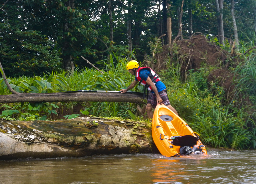 A Corcovado River Kayak Trekker while is overcoming one of the Obstacles along the Route