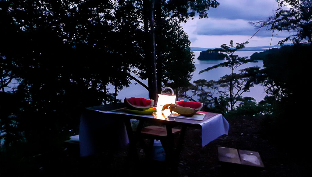 The Tent Camp Dinner Table, at the top of the Small Island of the Mogos Area during a Sea Kayak Camping Golfo Dulce Experience by Wild Trails Adventures in Puerto Jimenez